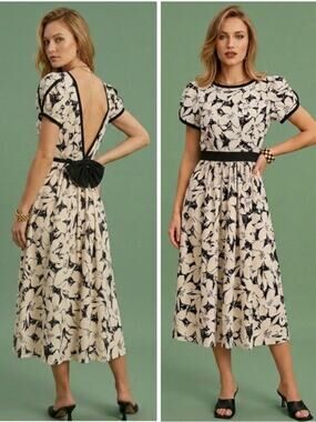 Vintage Lanz Originals Dress Floral Bow Open Back Midi Cotton Black & White 80s